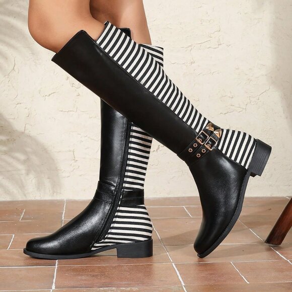 Black And White Business Casual Women's Knee-High Boots - Picture 4 of 7